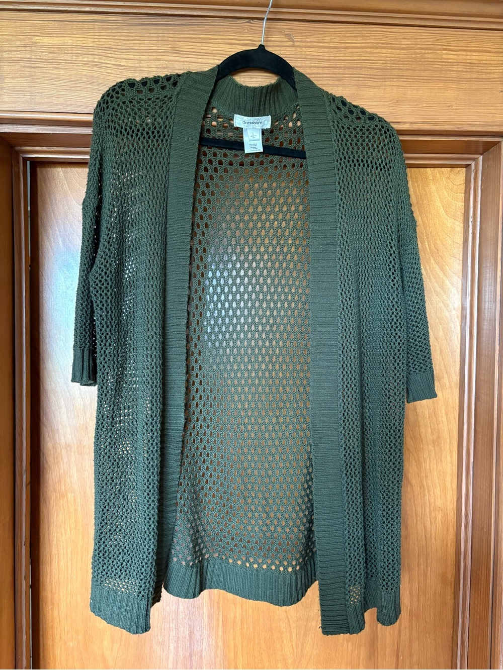 dressbarn Olive Open-Knit 3/4 Sleeve Cardigan